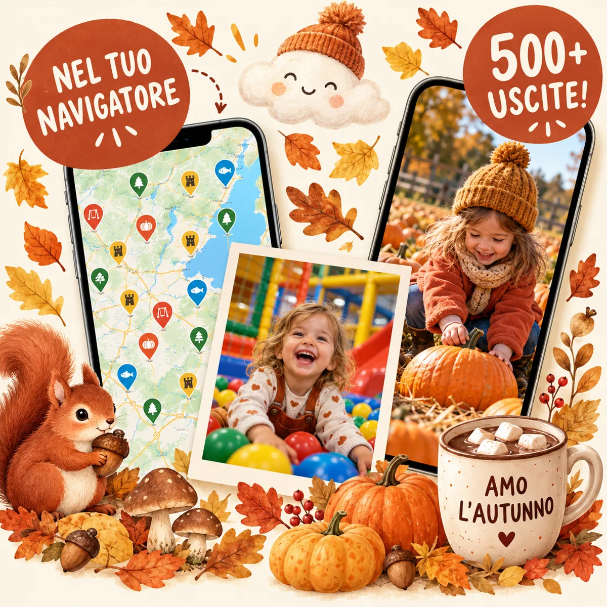 La mappa con 500+ uscite per bambini su due telefoni, con foto di uscite d'autunno