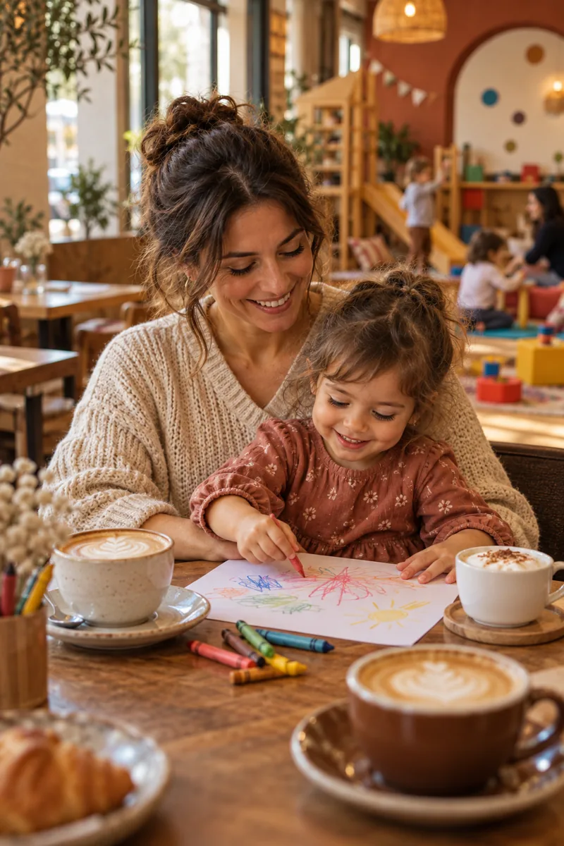Una mamma con la sua bambina in un parco giochi al coperto